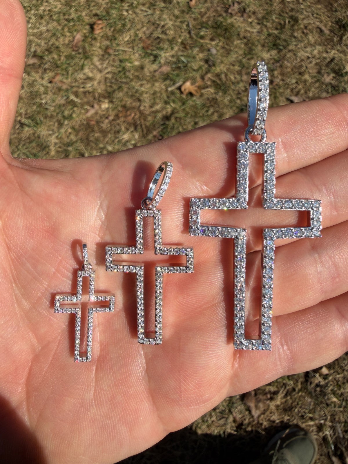 MOISSANITE Classic Cross Cutout Pendant - 925 Silver - 3 Sizes 1.33"-3"
