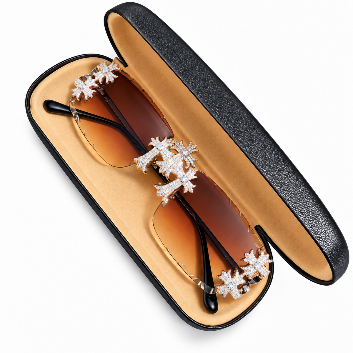 MOISSANITE Hearts Chrome Cross Iced Out Sunglasses - 925 Silver Buffs - Light Brown