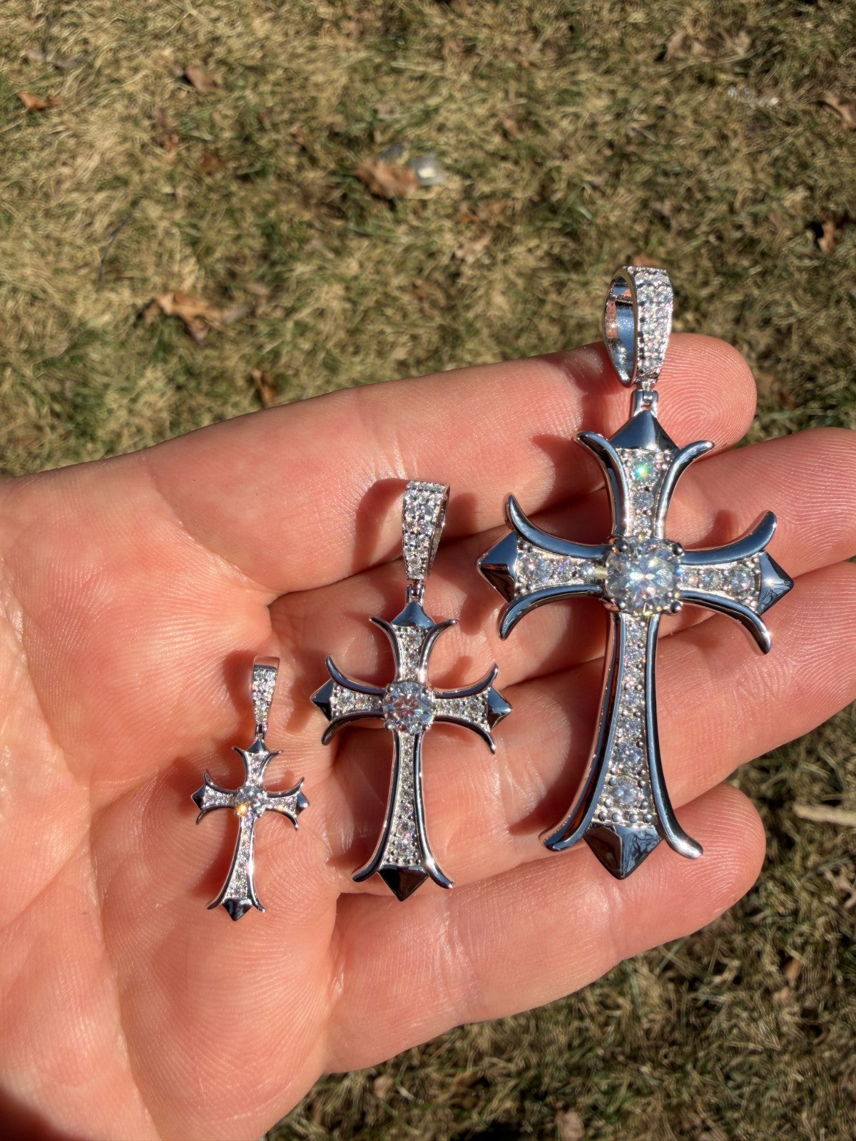 MOISSANITE Hearts Chrome Cross Pendant - 925 Silver - 3 Sizes 1"-2.75"