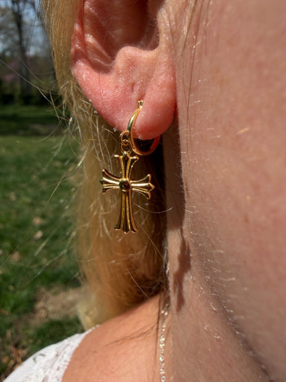 Hearts Of Chrome Huggie Hoops W. Dangle Cross Earrings - 14k Gold Vermeil 925 Silver