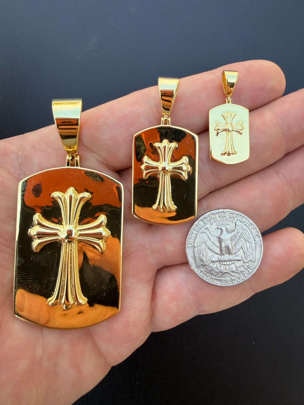 Hearts Chrome Dog Tag Cross Pendant - 14k Gold Vermeil 925 Silver - 3 Sizes 1"-2.75"