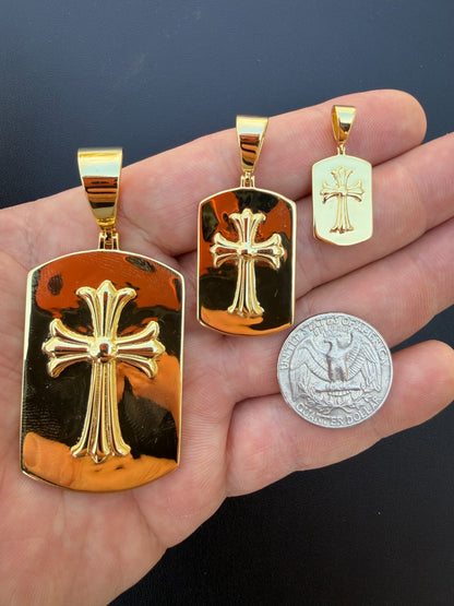 Hearts Chrome Dog Tag Cross Pendant - 14k Gold Vermeil 925 Silver - 3 Sizes 1"-2.75"