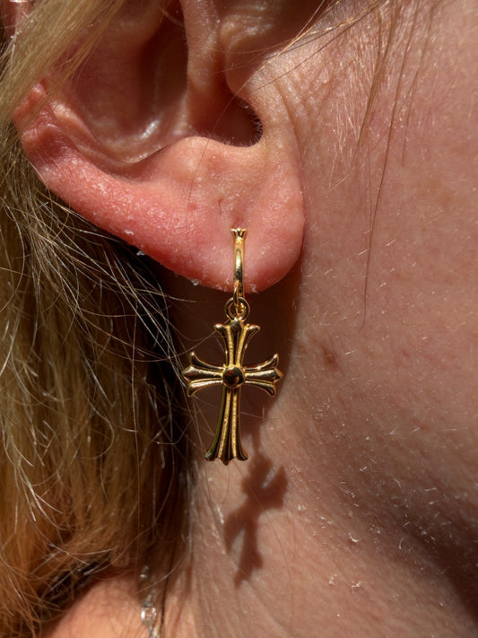 Hearts Of Chrome Huggie Hoops W. Dangle Cross Earrings - 14k Gold Vermeil 925 Silver