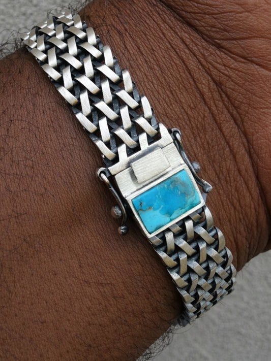 Mens Turquoise Wheat Woven Link Bracelet - 925 Sterling Silver - 8.5" - 12mm