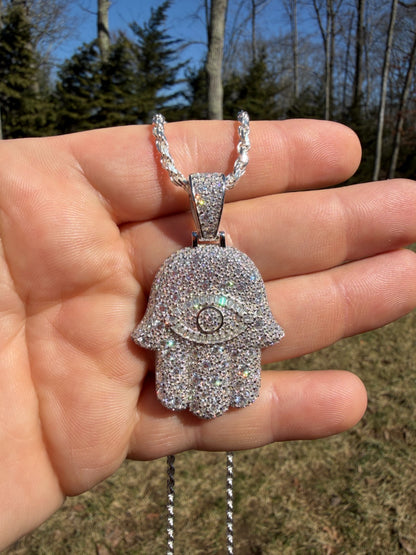 MOISSANITE Mosaic Setting Hamsa W. Evil Eye Pendant - 14k Yellow Gold Vermeil Or 925 Silver - Medium 2"