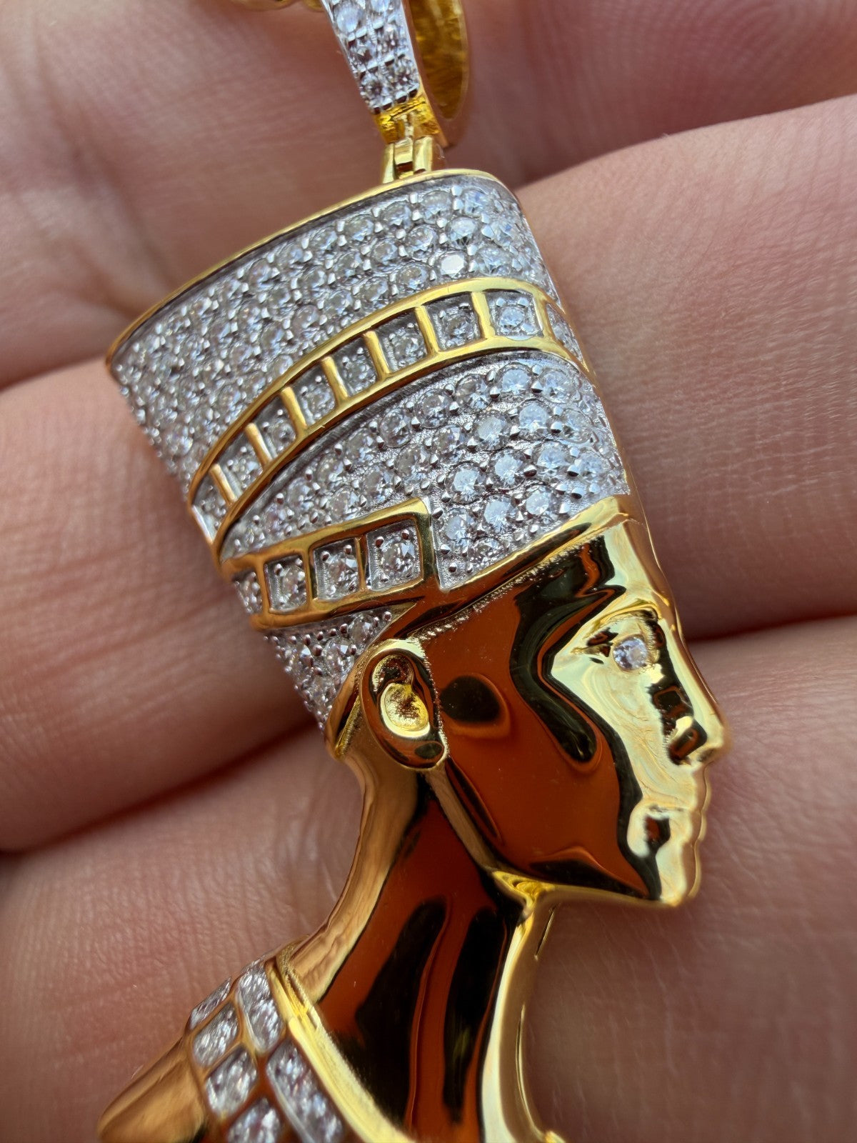 MOISSANITE Hip Iced Out Egyptian Queen Nefertiti Pendant - 14k Yellow Gold Vermeil Or 925 Silver - Medium 1.75"