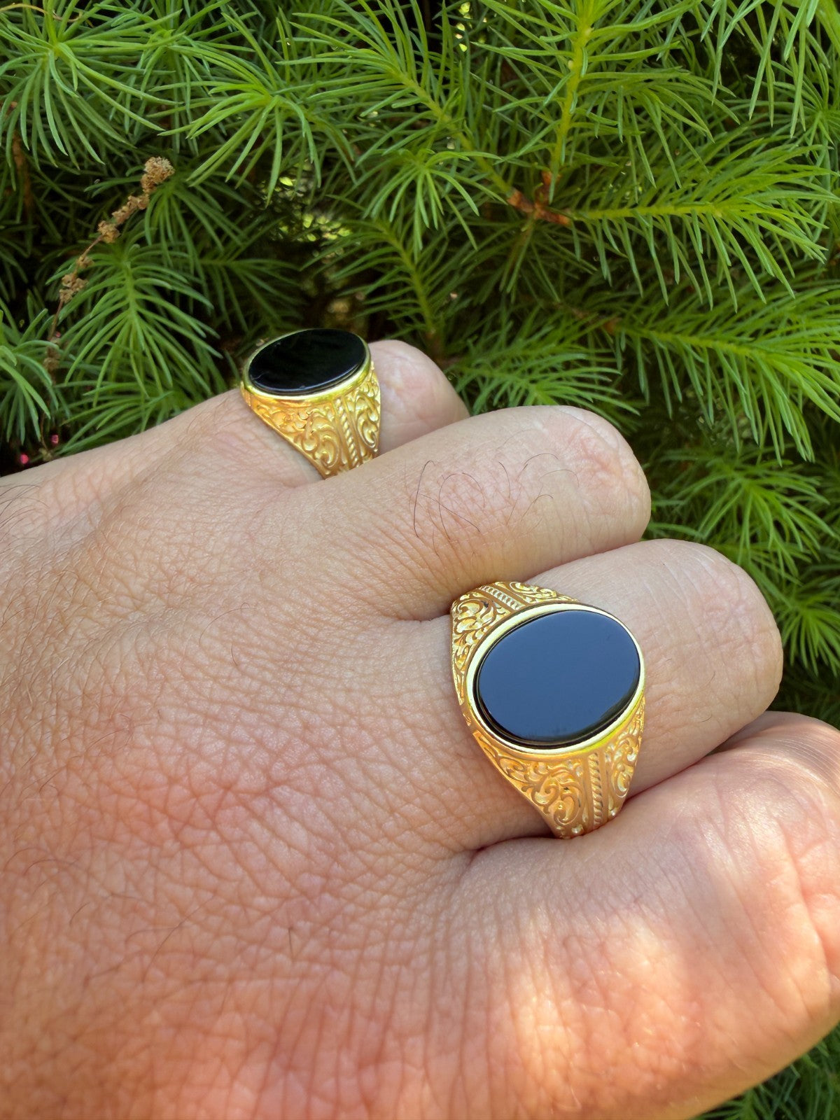Columbian King Ring - 14k Gold Vermeil 925 Silver - Genuine Black Onyx Stone