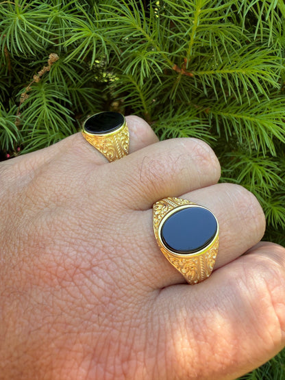 Columbian King Ring - 14k Gold Vermeil 925 Silver - Genuine Black Onyx Stone
