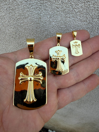 Hearts Chrome Dog Tag Cross Pendant - 14k Gold Vermeil 925 Silver - 3 Sizes 1"-2.75"