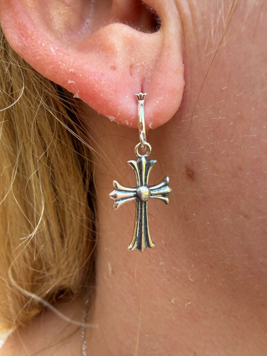 Hearts Of Chrome Huggie Hoops W. Dangle Cross Earrings - 925 Silver Oxidized