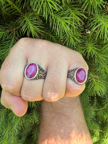Columbian King Ring - 925 Silver Oxidized - Genuine Red Ruby Stone