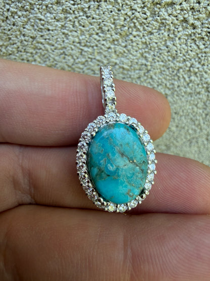 MOISSANITE Royalty Ocean Freeze Pendant - 925 Silver - Oval Genuine Blue Turquoise Stone