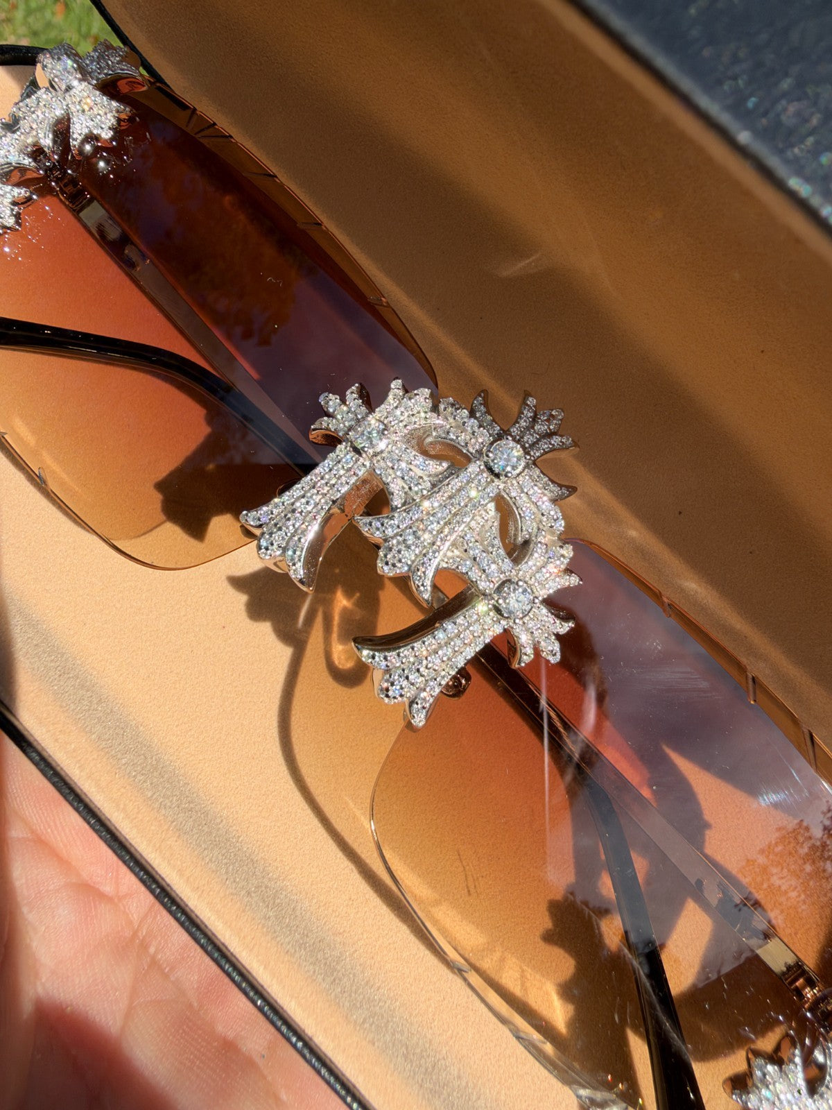 MOISSANITE Hearts Chrome Cross Iced Out Sunglasses - 925 Silver Buffs - Light Brown