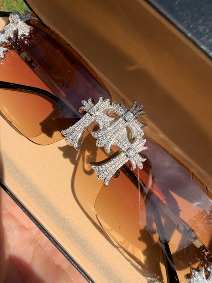 MOISSANITE Hearts Chrome Cross Iced Out Sunglasses - 925 Silver Buffs - Light Brown