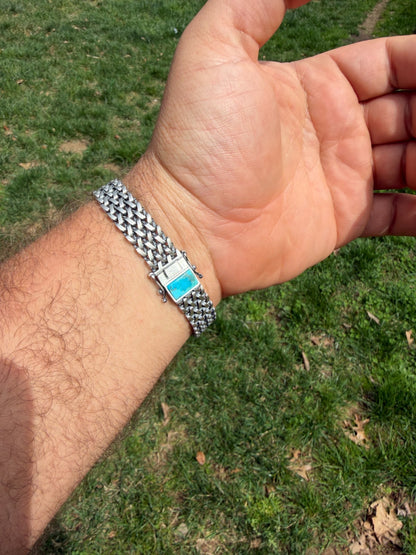 Mens Turquoise Wheat Woven Link Bracelet - 925 Sterling Silver - 8.5" - 12mm