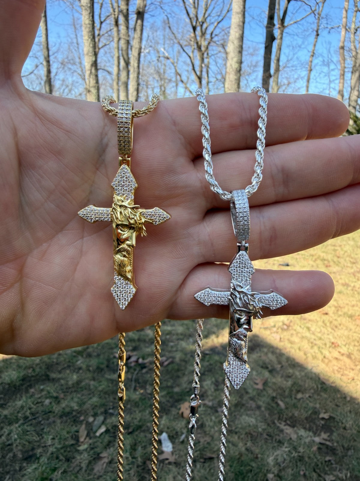 MOISSANITE Passion Of Christ Jesus On Gothic Cross Pendant - 14k Yellow Gold Vermeil Or 925 Silver - Large 2.5"