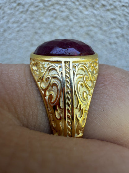 Columbian King Ring - 14k Gold Vermeil 925 Silver - Genuine Red Ruby Stone