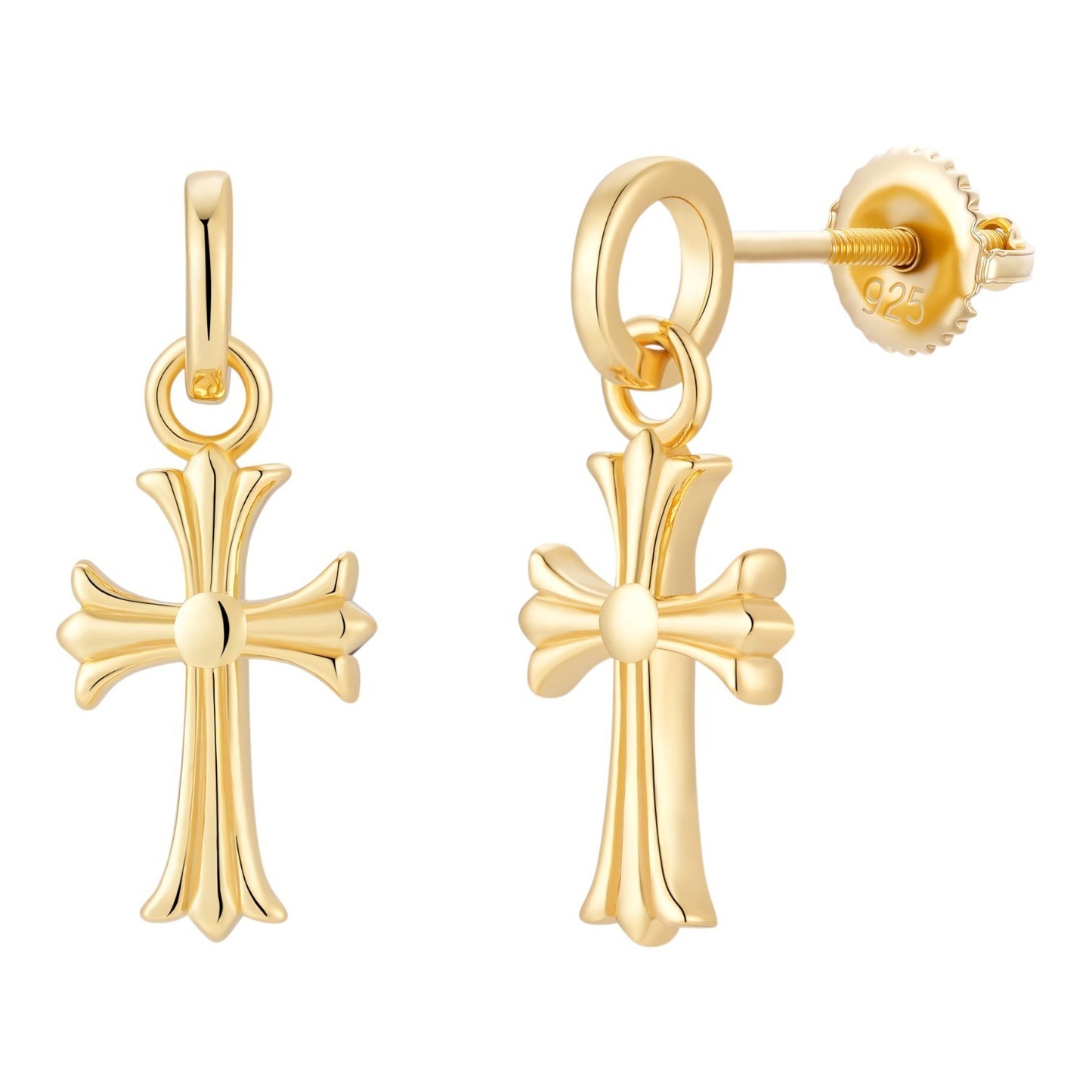 Hearts Of Chrome Studs W. Dangle Cross Earrings - 14k Gold Vermeil 925 Silver