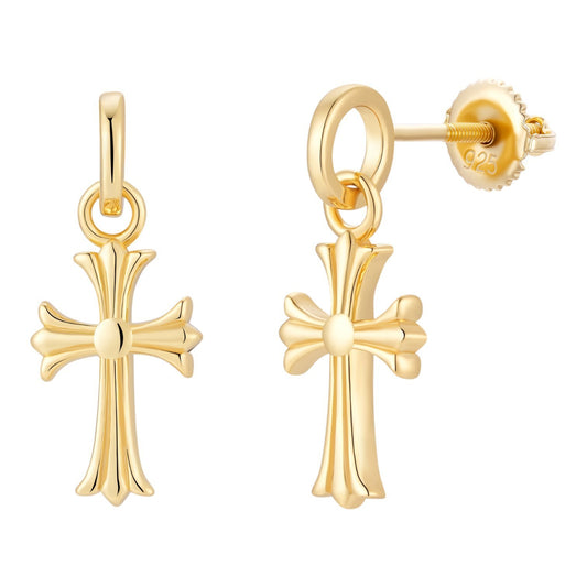 Hearts Of Chrome Studs W. Dangle Cross Earrings - 14k Gold Vermeil 925 Silver