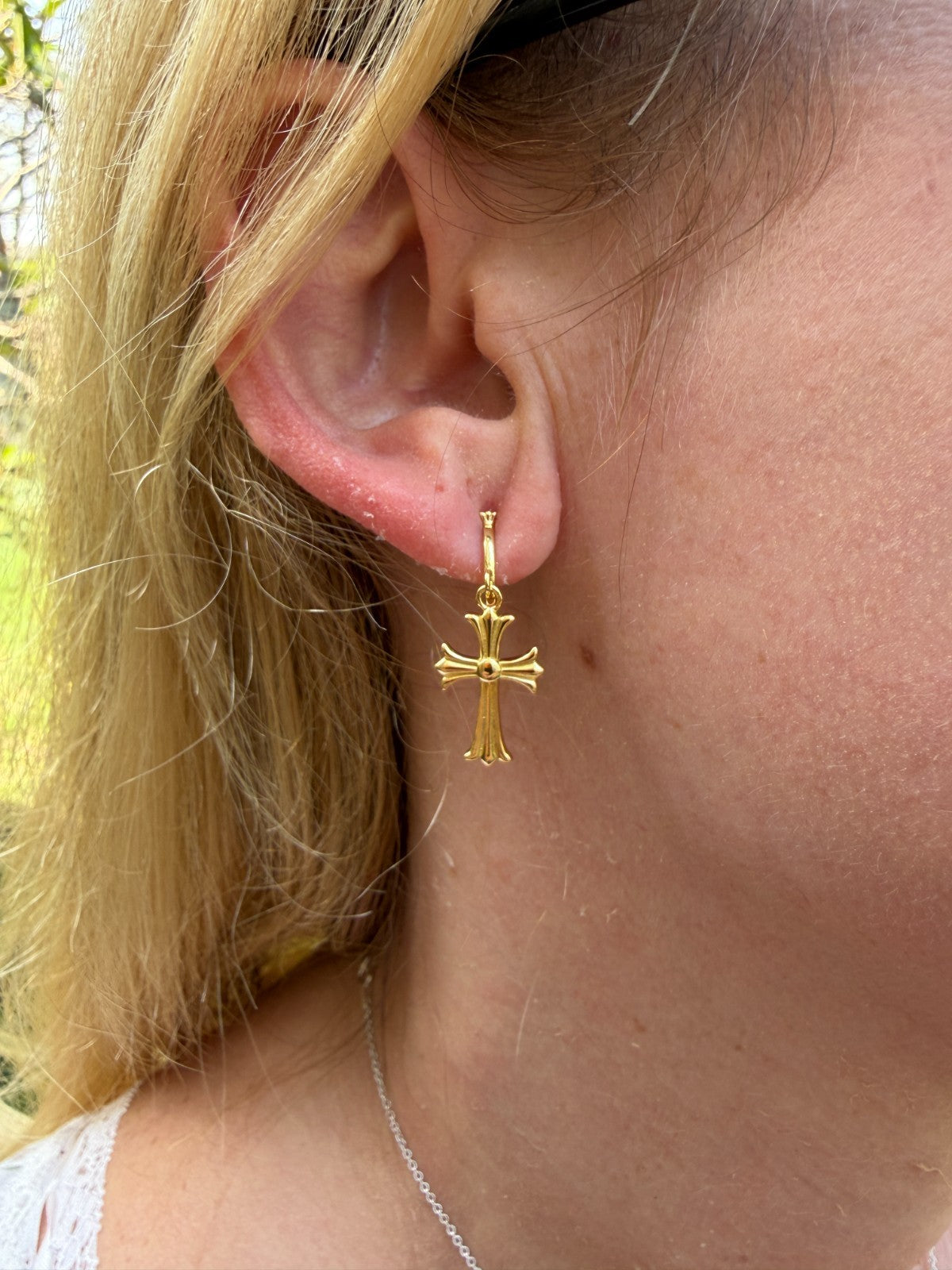 Hearts Of Chrome Huggie Hoops W. Dangle Cross Earrings - 14k Gold Vermeil 925 Silver