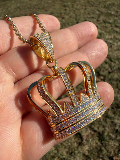 MOISSANITE Royalty Crown Pendant - 14k Yellow/Rose Gold Vermeil or 925 Silver - Large 2"