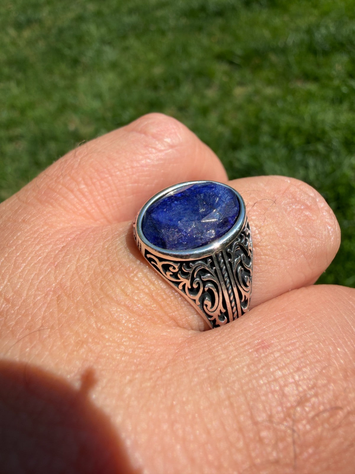 Columbian King Ring - 925 Silver Oxidized - Genuine Blue Sapphire Stone