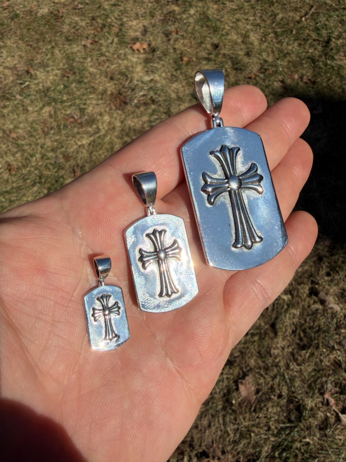 Hearts Chrome Dog Tag Cross Pendant - 925 Silver - 3 Sizes 1"-2.75"
