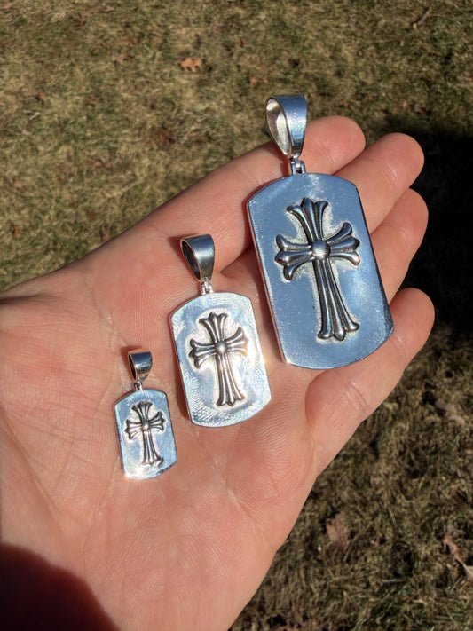 Hearts Chrome Dog Tag Cross Pendant - 925 Silver - 3 Sizes 1"-2.75"