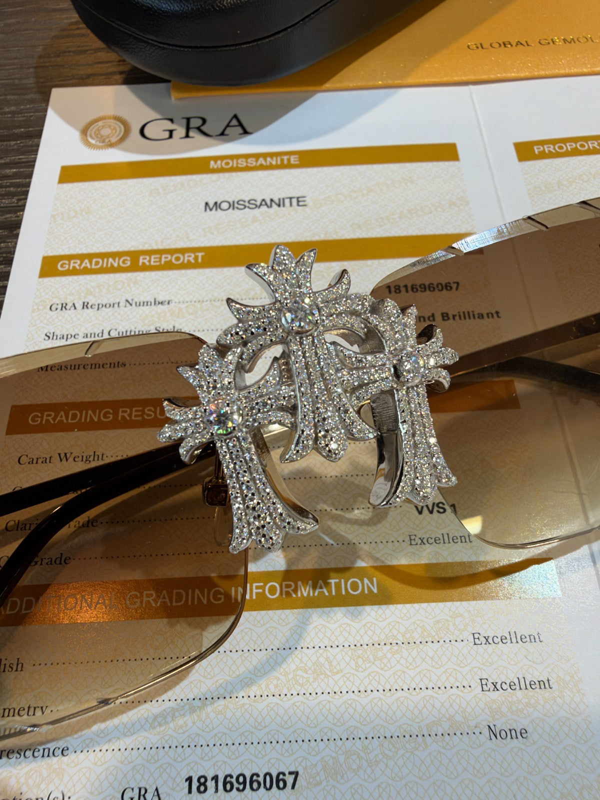 MOISSANITE Hearts Chrome Cross Iced Out Sunglasses - 925 Silver Buffs - Light Brown