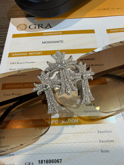 MOISSANITE Hearts Chrome Cross Iced Out Sunglasses - 925 Silver Buffs - Light Brown