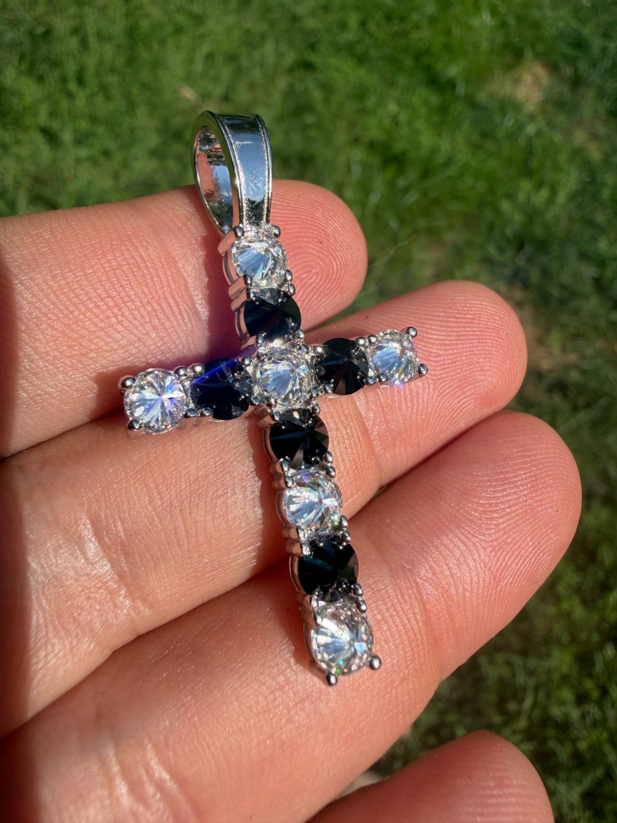 MOISSANITE Black & White Upside Down Set Cross Pendant - 14k Yellow Gold Vermeil Or 925 Silver - Medium 2"