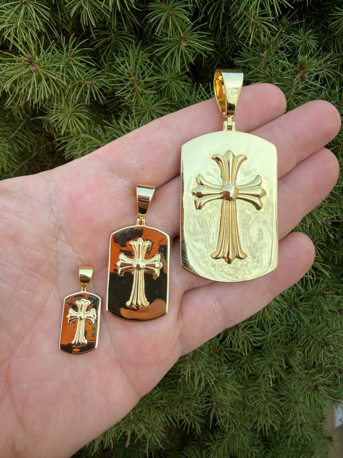 Hearts Chrome Dog Tag Cross Pendant - 14k Gold Vermeil 925 Silver - 3 Sizes 1"-2.75"