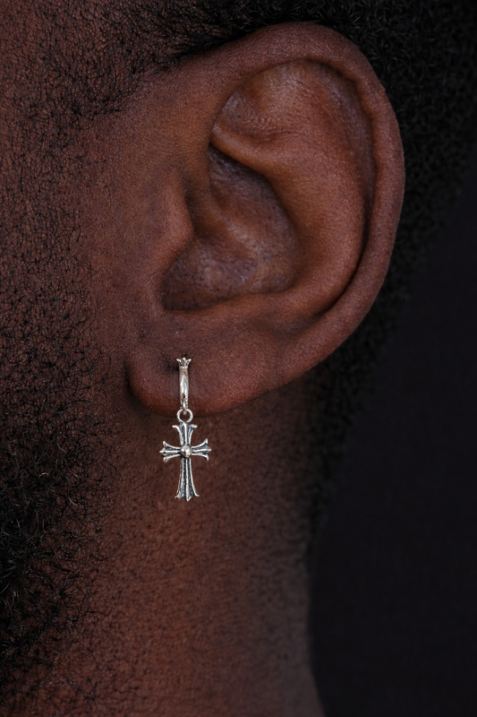 Hearts Of Chrome Huggie Hoops W. Dangle Cross Earrings - 925 Silver Oxidized