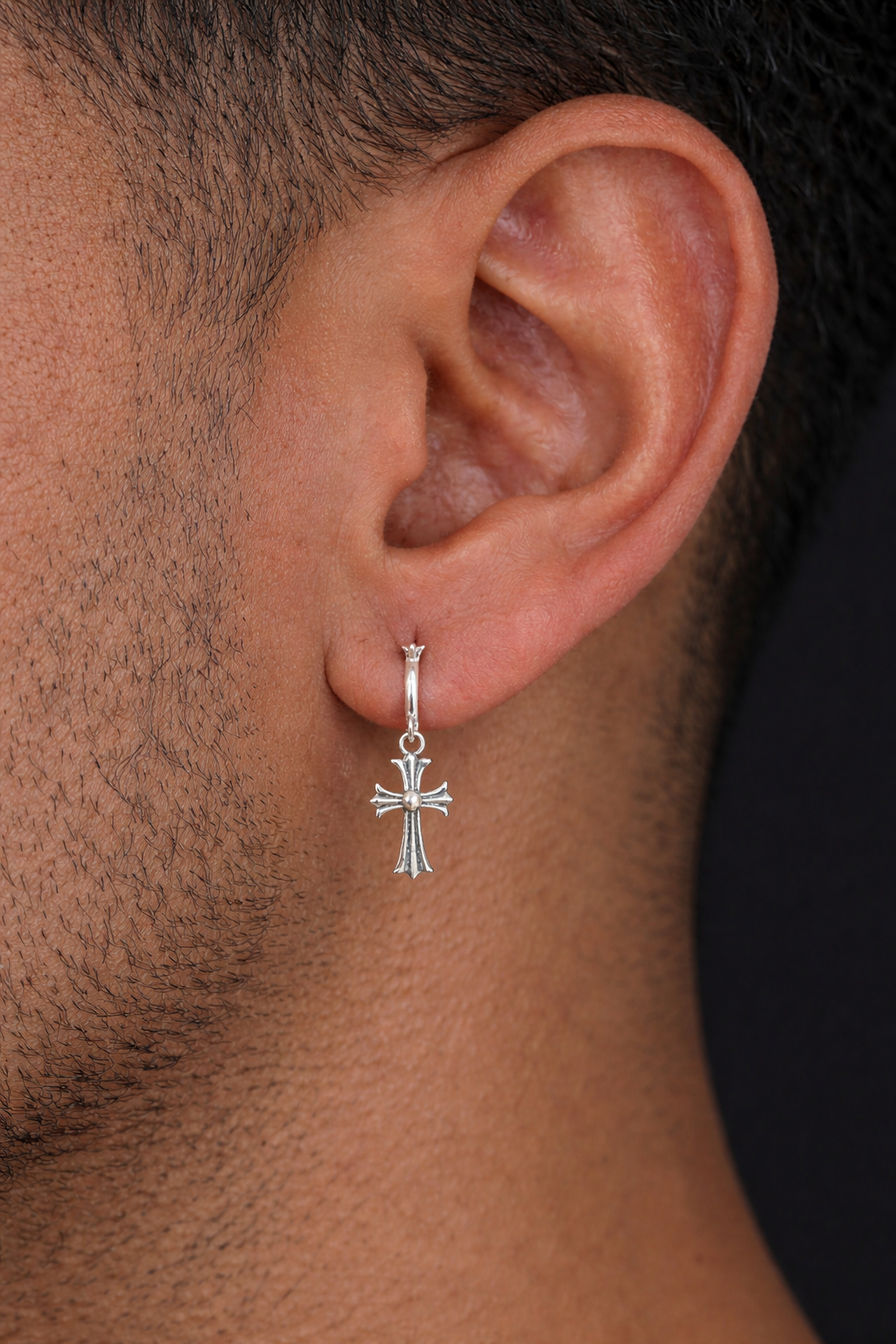 Hearts Of Chrome Huggie Hoops W. Dangle Cross Earrings - 925 Silver Oxidized