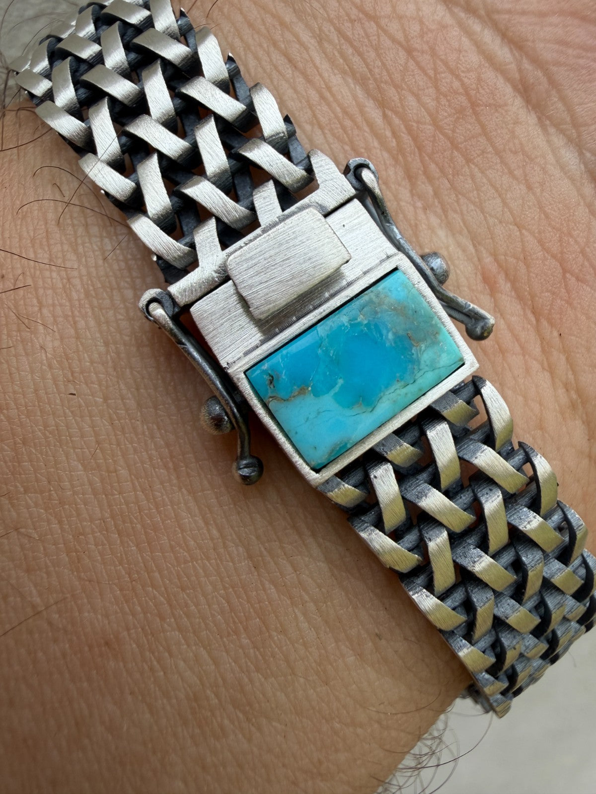 Mens Turquoise Wheat Woven Link Bracelet - 925 Sterling Silver - 8.5" - 12mm