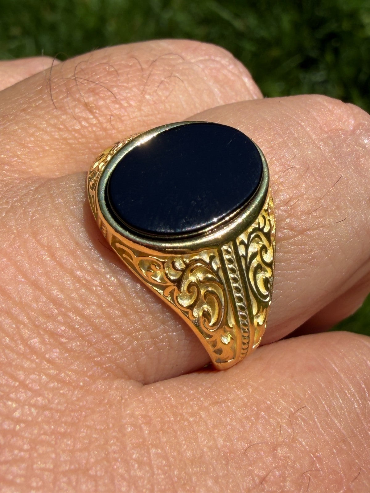 Columbian King Ring - 14k Gold Vermeil 925 Silver - Genuine Black Onyx Stone