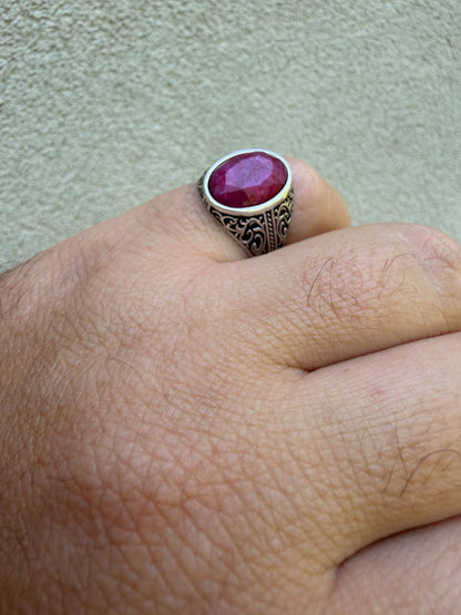 Columbian King Ring - 925 Silver Oxidized - Genuine Red Ruby Stone
