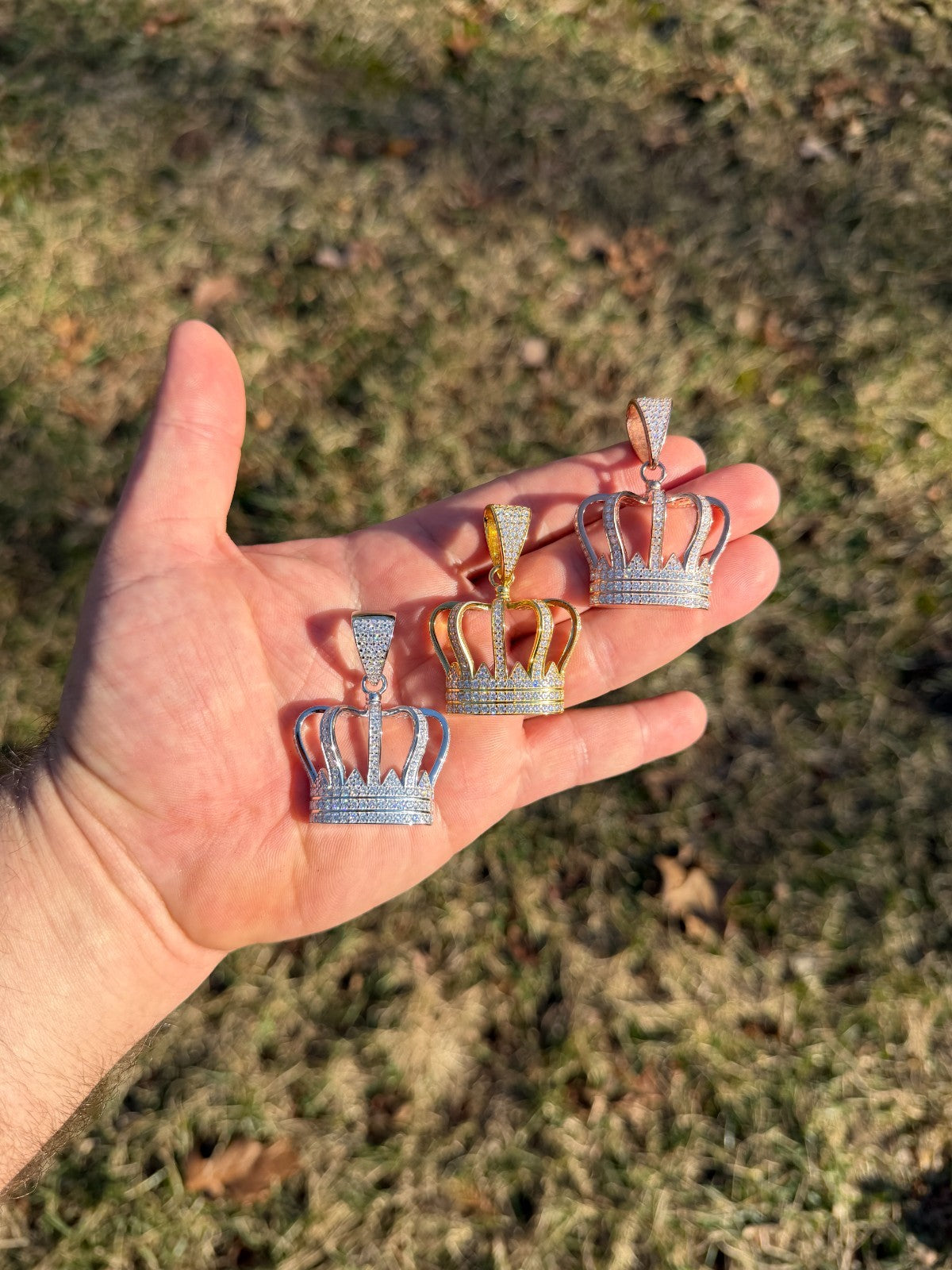MOISSANITE Royalty Crown Pendant - 14k Yellow/Rose Gold Vermeil or 925 Silver - Large 2"