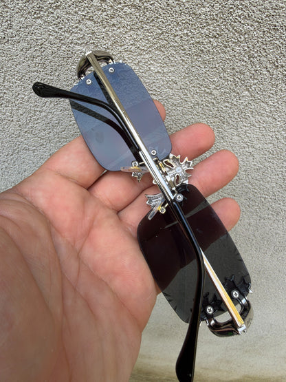 MOISSANITE Hearts Chrome Cross Iced Out Sunglasses - 925 Silver Buffs - Black