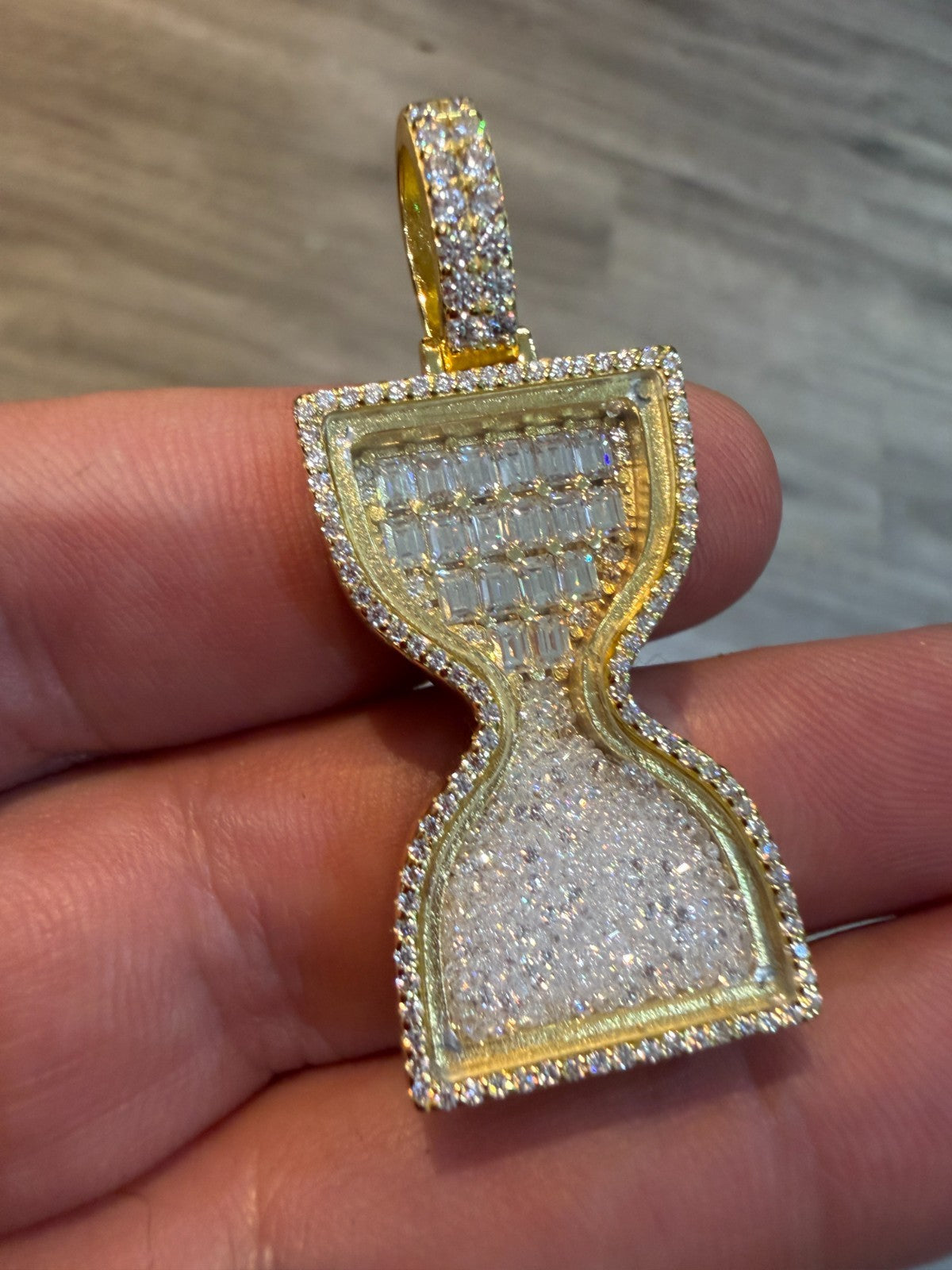 MOISSANITE Floating Diamond Hourglass Pendant - 14k Yellow Gold Vermeil Or 925 Silver - Medium 2"