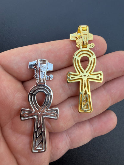 MOISSANITE Mosaic Setting Ankh W. Eye Of Horus Pendant - 14k Yellow Gold Vermeil Or 925 Silver - Medium 2"