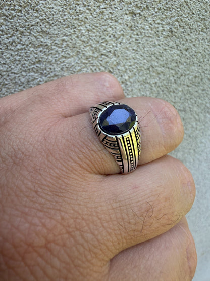 Navajo Tribe Ring - 925 Silver Oxidized - Genuine Blue Sapphire Stone