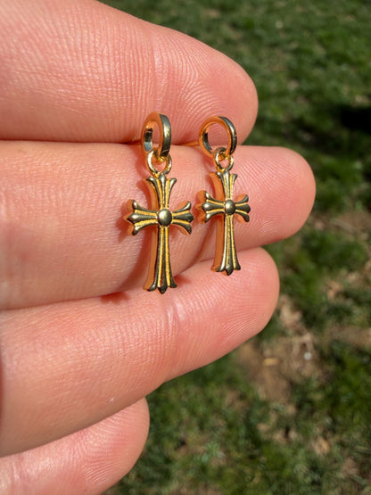 Hearts Of Chrome Studs W. Dangle Cross Earrings - 14k Gold Vermeil 925 Silver