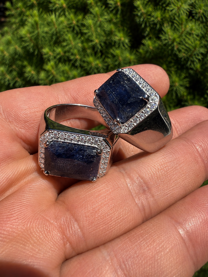 MOISSANITE Fortress Ring - 925 Silver - Genuine Blue Sapphire Stone