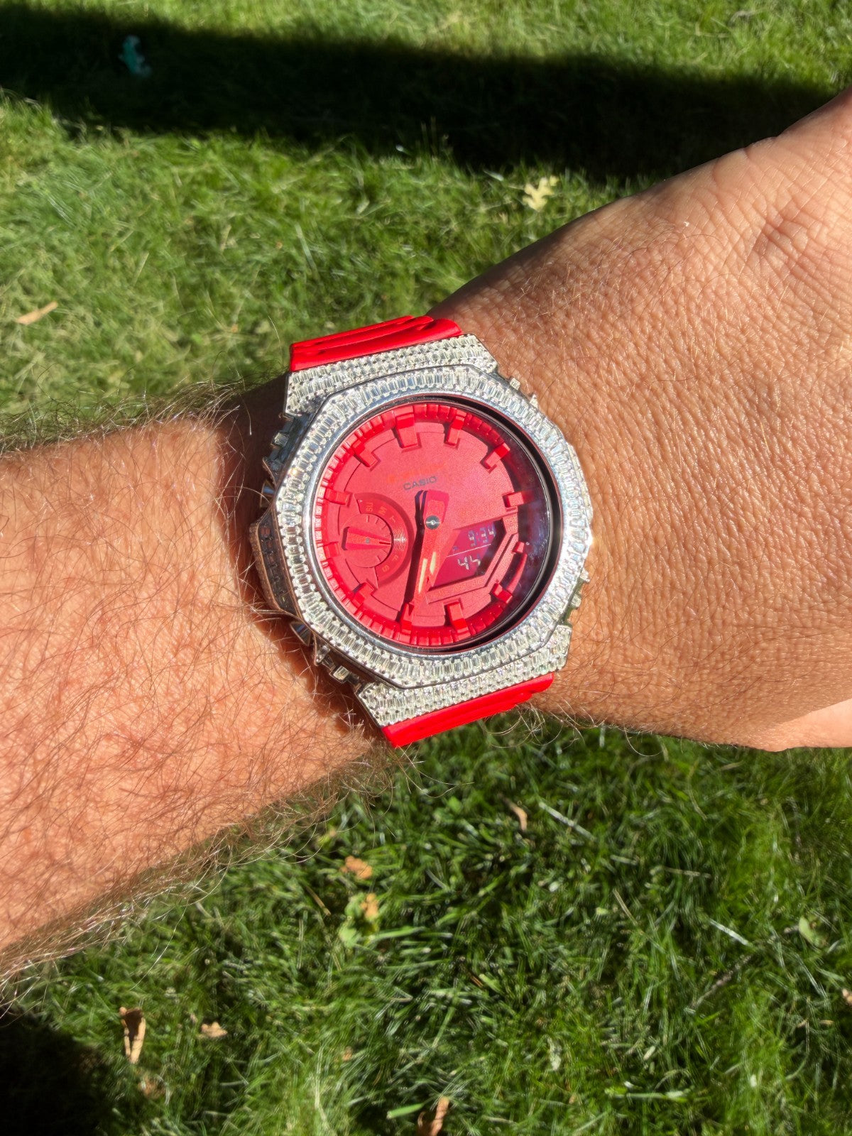 MOISSANITE Real 925 Silver Iced Baguette Red Casio G Shock GA-2100 Hip Hop Watch