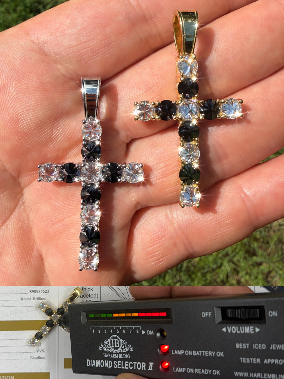 MOISSANITE Black & White Upside Down Set Cross Pendant - 14k Yellow Gold Vermeil Or 925 Silver - Medium 2"