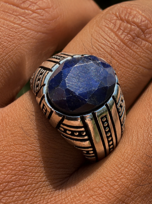 Navajo Tribe Ring - 925 Silver Oxidized - Genuine Blue Sapphire Stone