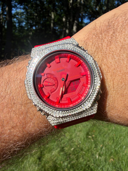 MOISSANITE Real 925 Silver Iced Baguette Red Casio G Shock GA-2100 Hip Hop Watch