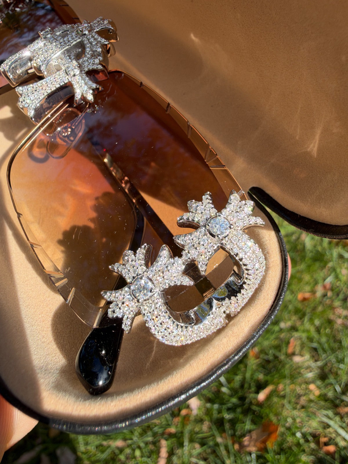 MOISSANITE Hearts Chrome Cross Iced Out Sunglasses - 925 Silver Buffs - Light Brown