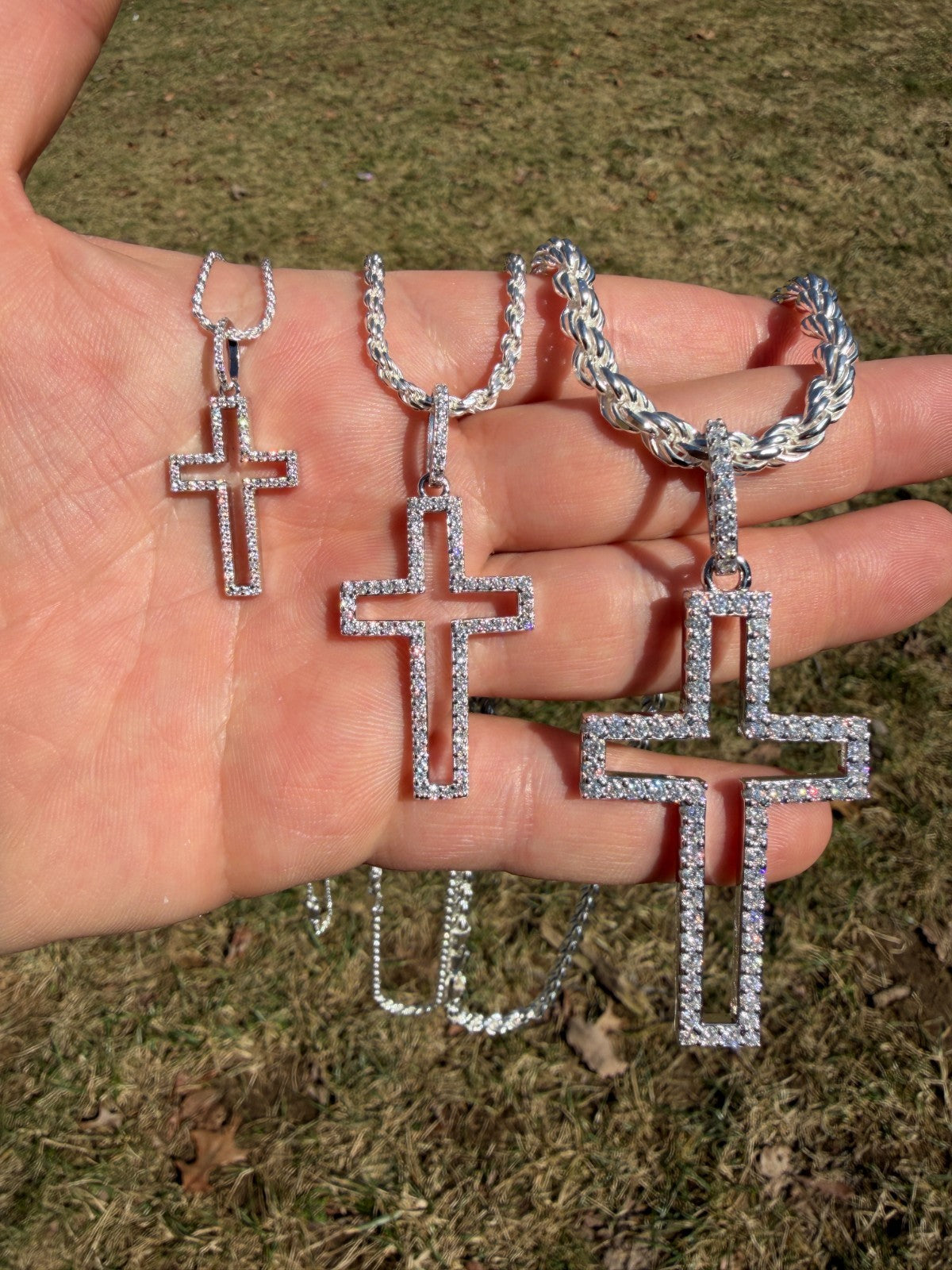 MOISSANITE Classic Cross Cutout Pendant - 925 Silver - 3 Sizes 1.33"-3"